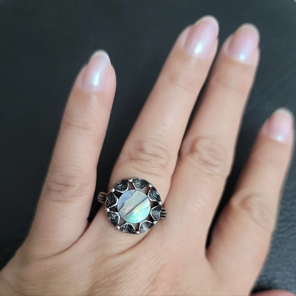 Irridescent Shell & Silvertone Ring, Antique Inspired - Size 7
